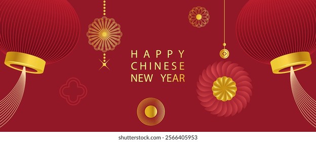 Chinese New Year 2025 modern art design in red,gold and white colors of snake.Year of snake,lunar Chinese 2025 banner template design zodiac snakes,gold flowers symbol background for poster,banner