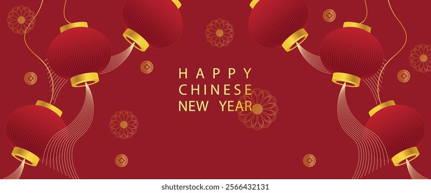 Chinese New Year 2025 modern art design in red,gold and white colors of snake.Year of snake,lunar Chinese 2025 banner template design zodiac snakes,gold flowers symbol background for poster,banner