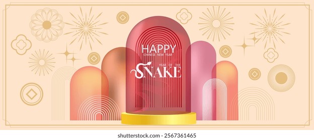 Chinese New Year 2025 modern art design.Design red and gold colors for illustrations,background,cards,banners.Happy Lunar New Year and symbol of the Snake and beautiful blossom flowers background