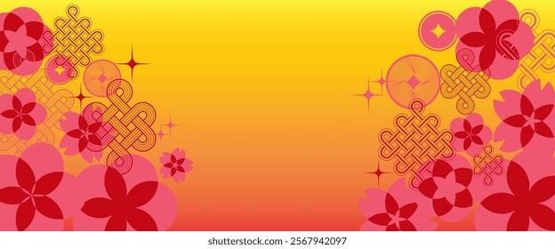 Chinese New Year 2025 modern art design.Design red and gold colors for illustrations,background,cards,banners.Happy Lunar New Year and symbol of the Snake and beautiful blossom flowers background