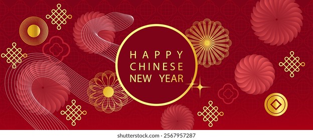 Chinese New Year 2025 modern art design.Design red and gold colors for illustrations,background,cards,banners.Happy Lunar New Year and symbol of the Snake and beautiful blossom flowers background