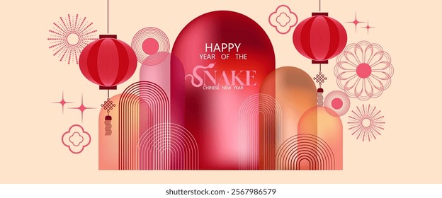 Chinese New Year 2025 modern art design.Design red and gold colors for illustrations,background,cards,banners.Happy Lunar New Year and symbol of the Snake and beautiful blossom flowers background