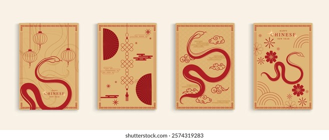 Chinese New Year 2025 modern art design set on red background. Lunar new year 2025 for cover, card, poster, website and banner. Happy New Year and symbol of of the Snake vector design.
