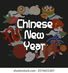 Chinese New Year 2025 modern art design. Asian festival poster. Creative art typography greeting card. Asian folk traditions, lunar New Year, mythical dragon, tiger, Chinese cuisine