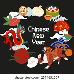 Chinese New Year 2025 modern art design. Asian festival poster. Creative art typography greeting card. Asian folk traditions, lunar New Year, mythical dragon, tiger, Chinese cuisine