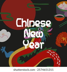 Chinese New Year 2025 modern art design. Asian festival poster. Creative art typography greeting card. Asian folk traditions, lunar New Year, mythical dragon, tiger, Chinese cuisine