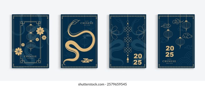 Chinese New Year 2025 modern art design set on blue background. Lunar new year 2025 for cover, card, poster, website and banner. Happy New Year and symbol of of the Snake vector design.