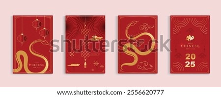 Chinese New Year 2025 modern art design set on red background. Lunar new year 2025 for cover, card, poster, website and banner. Happy New Year and symbol of of the Snake vector design.