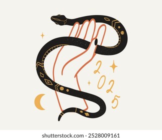 Afiche, cartel o Anuncio chino del año Nuevo 2025. Icono de silueta de serpiente, luna, cuerpos celestes y mano de mujer. Ilustración vectorial en estilo tatuaje. Astrología China calendario lunar animal símbolo dibujo