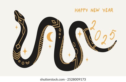 Cartaz, cartaz ou banner do Ano Novo Chinês de 2025. Silhueta de serpente com ícone de ornamento, lua, corpos celestes. Ilustração vetorial em estilo de tatuagem. Astrologia China desenho de símbolo de animal calendário lunar.