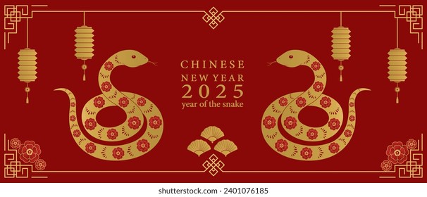 Año Nuevo Chino 2025. Fondo rojo con serpiente dorada. Ilustración del vector