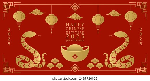 Chinese New Year 2025. Red background with golden snake. Vector illustration