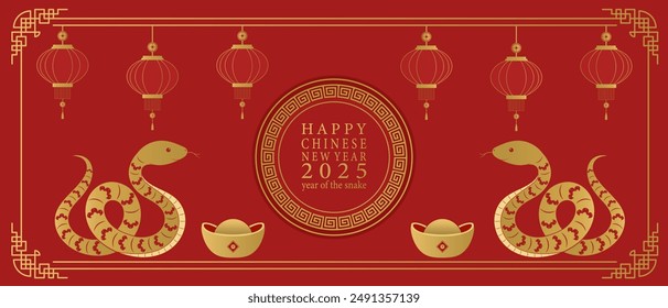 Chinese New Year 2025. Red background with golden snake. Vector illustration