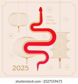 Año Nuevo chino 2025, personaje de serpiente de arte de línea roja y dorada, Elementos asiáticos geométricos simples. Diseño de Vector mínimo.