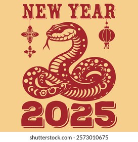 Chinese New Year 2025 red snake with decorative lanterns and ornaments on a beige background