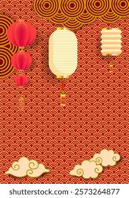 Chinese New Year 2025 in red, gold and white colors with lantern, lamp, light vector background. Design template for banner, cards, poster and greeting.