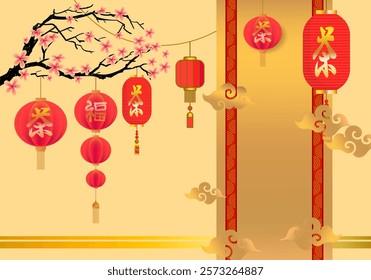 Chinese New Year 2025 in red, gold and white colors with lantern, lamp, light vector background. Design template for banner, cards, poster and greeting.