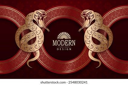 Chinese New Year 2025, round frame with isolated snakes, Asian elements in red and gold.