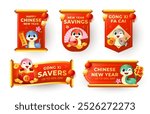 Chinese New Year 2025 scroll label set with cute snake zodiac with prosperity wishes. Animal holiday cartoon character sticker. Vector illustration. (Translation: prosperity wishes)