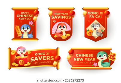 Chinese New Year 2025 scroll label set with cute snake zodiac with prosperity wishes. Animal holiday cartoon character sticker. Vector illustration. (Translation: prosperity wishes)