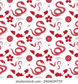 Chinese New Year 2025 seamless pattern with decorative elements in Chinese style snake, flower, cloud on white background. Vector illustration in red color for covers, cards, prints, posters.