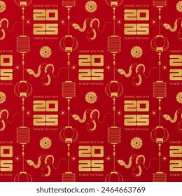 Chinese New Year 2025 seamless pattern with gold decorative elements in Chinese style snake, flower, lanterns and text 2025 on red background. Vector illustration for covers, cards, prints, posters.