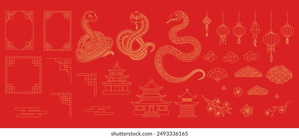 Chinese New Year 2025 set with a red background with a lot of different gold shapes and symbols