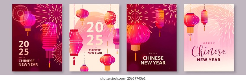 Chinese New Year 2025 set vector illustration. Chinese lanterns and bright fireworks. Modern luxury oriental traditional background for cover, greeting card, celebration banner, poster.