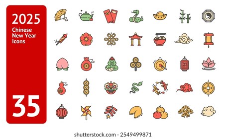 Chinese New Year 2025 Signs Color Thin Line Icons Big Set Include of Firework, Lantern, Snake and Lion Dance Costume. Vector illustration of Lunar Celebration Icon