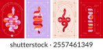 Chinese new year 2025 year of the Snake. Red Snake illustrations, vertical design, cards, banners. Traditional Chinese vector designs with snakes. Lunar new year concept, geometric modern vector