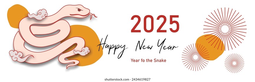 Chinese New Year 2025, the year of the snake, red and gold line art characters, simple hand-drawn Asian elements with craft (Chinese translation: Happy Chinese New Year 2025, year of the snake)