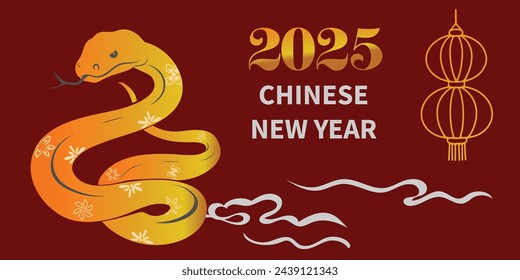Chinese New Year 2025, the year of the snake, red and gold line art characters, simple hand-drawn Asian elements with craft (Chinese translation: Happy Chinese New Year 2025, year of the snake)
