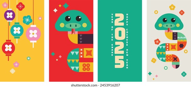 Chinese New Year 2025, the year of the snake, red and gold line art characters, Happy new year 2025. Set of 2025 new year square template for calendar, cover, card and media post template