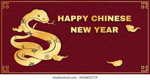 Chinese New Year 2025, the year of the snake, red and gold line art characters, simple hand-drawn Asian elements with craft (Chinese translation: Happy Chinese New Year 2025, year of the snake)