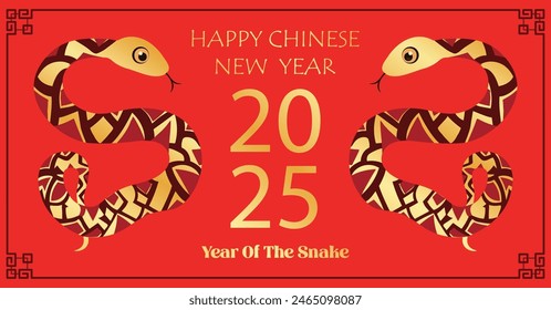 Chinese New Year 2025, the year of the snake, red and gold line art characters, simple hand-drawn Asian elements with craft (Chinese translation: Happy Chinese New Year 2025, year of the snake)