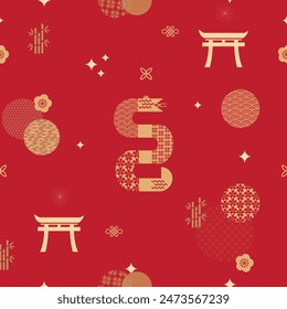 Chinese New Year 2025, Year of the Snake, zodiac. Chinese New Year banner template with snake and traditional patterns. Minimalistic style. Seamless pattern Vector illustration