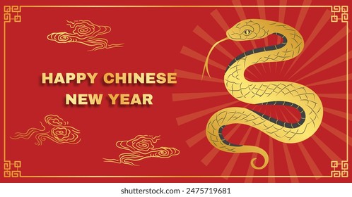 Chinese New Year 2025, the year of the snake, red and gold line art characters, simple hand-drawn Asian elements with craft (Chinese translation: Happy Chinese New Year 2025, year of the snake)