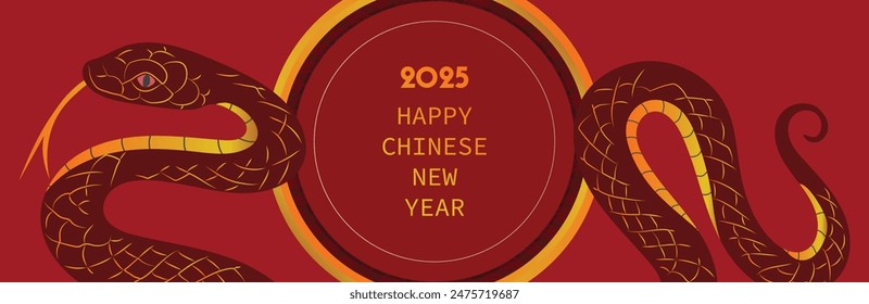 Chinese New Year 2025, the year of the snake, red and gold line art characters, simple hand-drawn Asian elements with craft (Chinese translation: Happy Chinese New Year 2025, year of the snake)