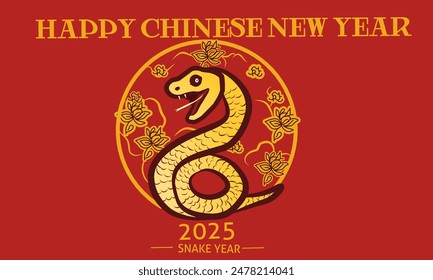 Chinese New Year 2025, the year of the snake, red and gold line art characters, simple hand-drawn Asian elements with craft (Chinese translation: Happy Chinese New Year 2025, year of the snake)
