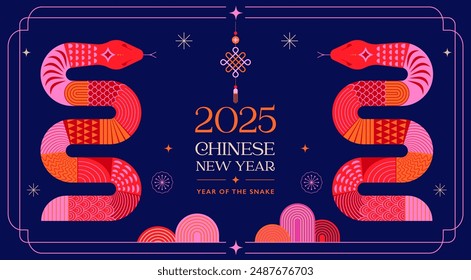 Chinese new year 2025 year of the Snake. Red Snake illustration and design. Red traditional Chinese vector designs with snakes. Lunar new year concept, geometric modern vector design