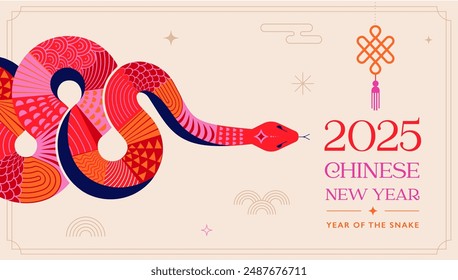 Chinese new year 2025 year of the Snake. Red Snake illustration and design. Red traditional Chinese vector designs with snakes. Lunar new year concept, geometric modern vector design