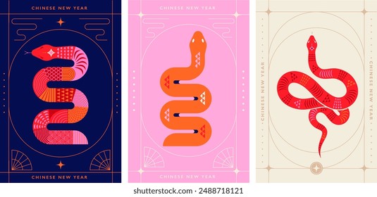 Chinese new year 2025 year of the Snake. Red Snake vertical design, cards, story templates and envelope design. Lunar new year concept, geometric modern vector design