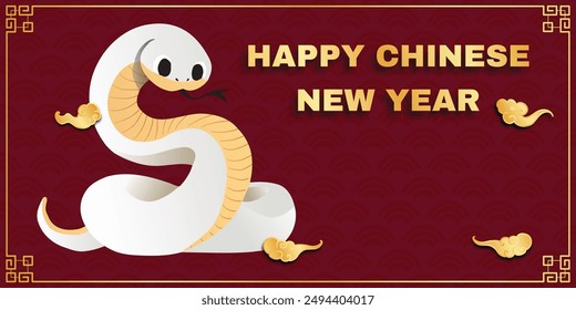 Chinese New Year 2025, the year of the snake, red and gold line art characters, simple hand-drawn Asian elements with craft (Chinese translation: Happy Chinese New Year 2025, year of the snake)