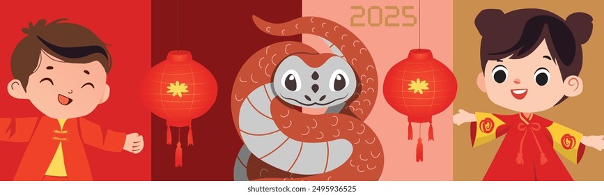 Chinese New Year 2025, the year of the snake, red and gold line art characters, simple hand-drawn Asian elements with craft (Chinese translation: Happy Chinese New Year 2025, year of the snake)