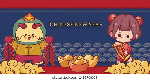 Chinese New Year 2025, the year of the snake, red and gold line art characters, simple hand-drawn Asian elements with craft (Chinese translation: Happy Chinese New Year 2025, year of the snake)