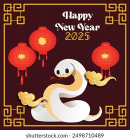 Chinese New Year 2025, the year of the snake, red and gold line art characters, simple hand-drawn Asian elements with craft (Chinese translation: Happy Chinese New Year 2025, year of the snake)