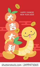 Chinese new year 2025 of the snake tangerines and coins vector illustrator. Zodiac snake with chinese luck money. Chinese text translation: "Good luck and great profit".