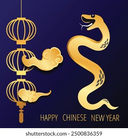 Chinese New Year 2025, the year of the snake, red and gold line art characters, simple hand-drawn Asian elements with craft (Chinese translation: Happy Chinese New Year 2025, year of the snake)