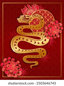 Año nuevo chino 2025. Serpiente con flores - estilo chino tradicional. Signo del zodiaco de la serpiente dorada.