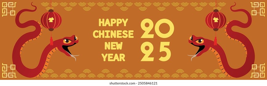 Chinese New Year 2025, the year of the snake, red and gold line art characters, simple hand-drawn Asian elements with craft (Chinese translation: Happy Chinese New Year 2025, year of the snake)